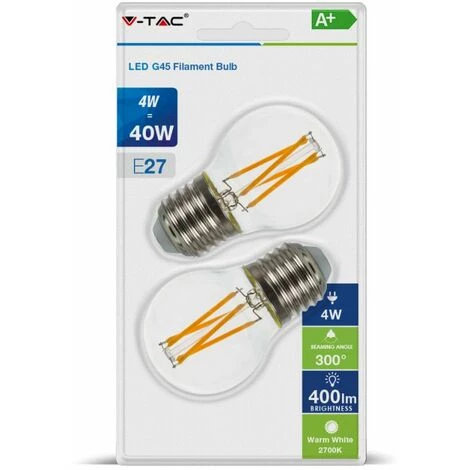 Lot De 2 Ampoules LED E27 G45 4W Filament Sous Blister Vt-2194 Fs - Blanc Chaud - 2700k V-TAC 1 Lot De 2 Ampoules LED E27 G45 4W Filament Sous Blister Vt-2194 Fs - Blanc Chaud - 2700k V-TAC