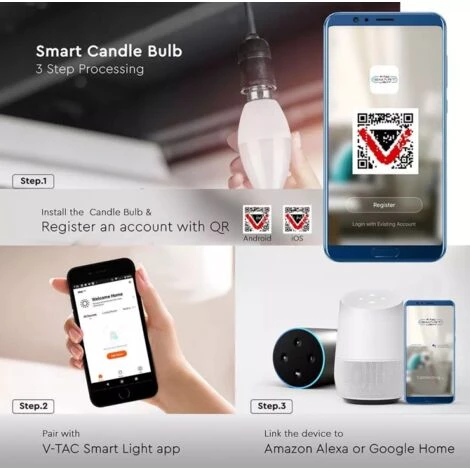 Ampoule LED Bougie E14 4,5 W Compatible Avec Google Home Et Amazon Alexa Via L'application V-Tac Smart RGB Et 3 En 1 Dimmable 3 Ampoule LED Bougie E14 4,5 W Compatible Avec Google Home Et Amazon Alexa Via L'application V-Tac Smart RGB Et 3 En 1 Dimmable – Image 3