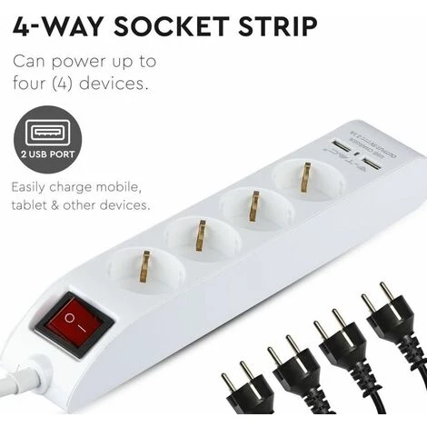 V-TAC Bloc Multiprise Avec Câble De 1,4mt 4 Prises 16A Avec Interrupteur Et 2 USB Couleur Blanche 1 V-TAC Bloc Multiprise Avec Câble De 1,4mt 4 Prises 16A Avec Interrupteur Et 2 USB Couleur Blanche