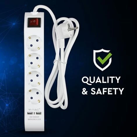 V-TAC Bloc Multiprise Avec Câble De 1,4mt 4 Prises 16A Avec Interrupteur Et 2 USB Couleur Blanche 3 V-TAC Bloc Multiprise Avec Câble De 1,4mt 4 Prises 16A Avec Interrupteur Et 2 USB Couleur Blanche – Image 3