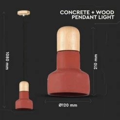 V-TAC Lustre LED En Béton Et Bois Avec Douille E27 (Max 60W) Couleur Rouge Et Fixation En Bois D: 125mm -V-TAC Soldes 56857648 4