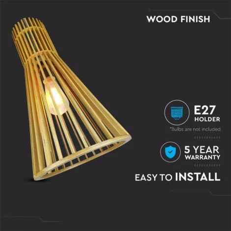 V-TAC Lustre à Suspension En Bois à LED Avec Douille E27 (max 60W) Capot Chromé Et Petit Abat-jour Conique D: 250 * 450mm Câble 1mt 2 V-TAC Lustre à Suspension En Bois à LED Avec Douille E27 (max 60W) Capot Chromé Et Petit Abat-jour Conique D: 250 * 450mm Câble 1mt – Image 2