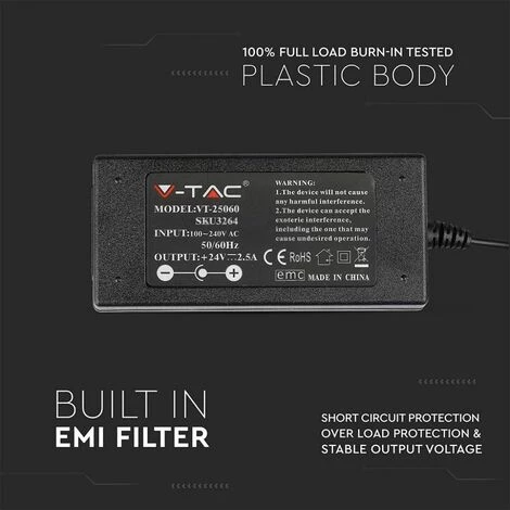 V-TAC Alimentation Plastique 60W 24V 25A Plug & Play Avec Jack 2,1 Couleur Noir IP44 3 V-TAC Alimentation Plastique 60W 24V 25A Plug & Play Avec Jack 2,1 Couleur Noir IP44 – Image 3