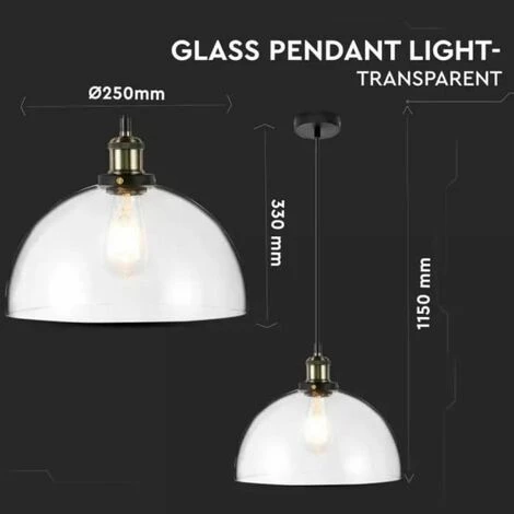 V-TAC Lustre LED Vintage En Verre Avec Douille E27 (Max 60W) Couleur Transparente D: 200mm 3 V-TAC Lustre LED Vintage En Verre Avec Douille E27 (Max 60W) Couleur Transparente D: 200mm – Image 3
