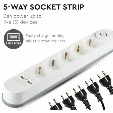 V-TAC Multiprise Avec Câble De 3mt 5 Prises 16A Avec Interrupteur Et 2 USB Couleur Blanche 1 V-TAC Multiprise Avec Câble De 3mt 5 Prises 16A Avec Interrupteur Et 2 USB Couleur Blanche