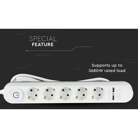 V-TAC Multiprise Avec Câble De 3mt 5 Prises 16A Avec Interrupteur Et 2 USB Couleur Blanche 2 V-TAC Multiprise Avec Câble De 3mt 5 Prises 16A Avec Interrupteur Et 2 USB Couleur Blanche – Image 2