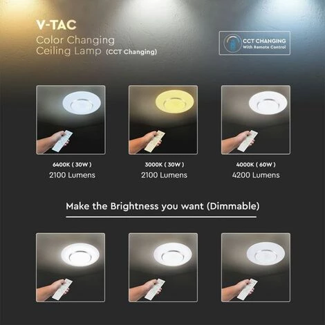 V-TAC Plafonnier LED Rond 60W Avec Télécommande à Changement De Couleur 3 En 1 Effet étoilé D: 500mm H: 85mm Dimmable 4 V-TAC Plafonnier LED Rond 60W Avec Télécommande à Changement De Couleur 3 En 1 Effet étoilé D: 500mm H: 85mm Dimmable – Image 4