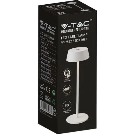 V-tac VT-7562 Lampe De Table - 3000K - Variable Par Touche - Rechargeable - Blanc 4 V-tac VT-7562 Lampe De Table - 3000K - Variable Par Touche - Rechargeable - Blanc – Image 4