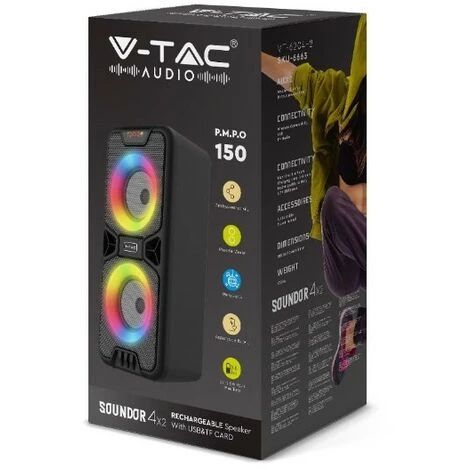 V-tac VT-6204-2 Haut-parleur Mobile Avec Bluetooth Et RGB - 2x 10W 2 V-tac VT-6204-2 Haut-parleur Mobile Avec Bluetooth Et RGB - 2x 10W – Image 2
