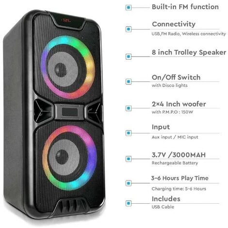 V-tac VT-6204-2 Haut-parleur Mobile Avec Bluetooth Et RGB - 2x 10W 3 V-tac VT-6204-2 Haut-parleur Mobile Avec Bluetooth Et RGB - 2x 10W – Image 3