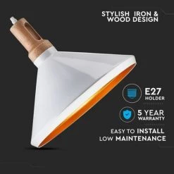 V-TAC Lustre LED Conique En Métal Avec Douille E27 (Max 60W) Couleur Blanc Brillant Et Fixation En Bois