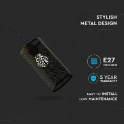 V-TAC Lustre LED Cylindre Nid D'Abeille En Métal Satiné Avec Douille E27 (Max 60W) Couleur Noir Mat -V-TAC Soldes 70223049 3