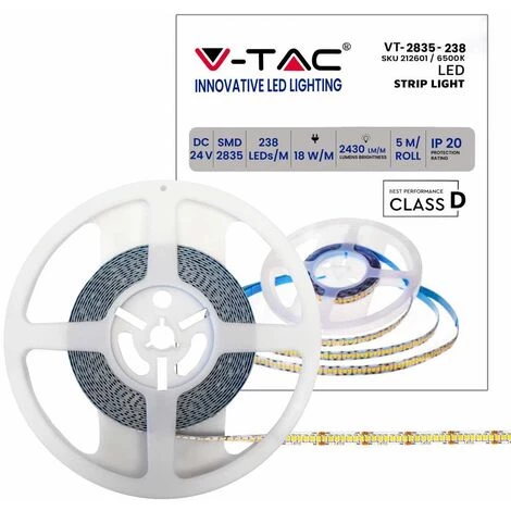 V-TAC VT-2835 Bande Strip Led 1190LED 24V 18w / M SMD2835 5Mt Blanc Froid 6400K IP20 Sans Wp - SKU 212601 1 V-TAC VT-2835 Bande Strip Led 1190LED 24V 18w / M SMD2835 5Mt Blanc Froid 6400K IP20 Sans Wp - SKU 212601